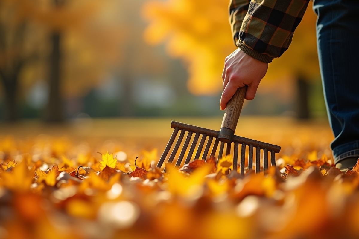 Mains tenant un râteau en automne avec feuilles dorées