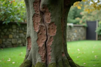 Tronc de mûrier platane atteint d'une maladie avec des lésions sombres et des chancres visibles sur l'écorce