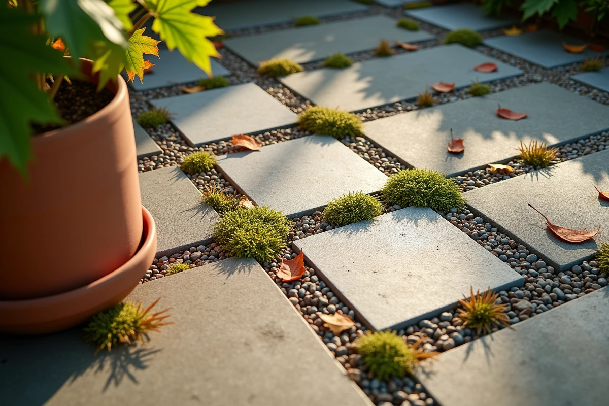 Détail de matériaux écologiques pour terrasse : gravier, ardoise et thym en couvre-sol