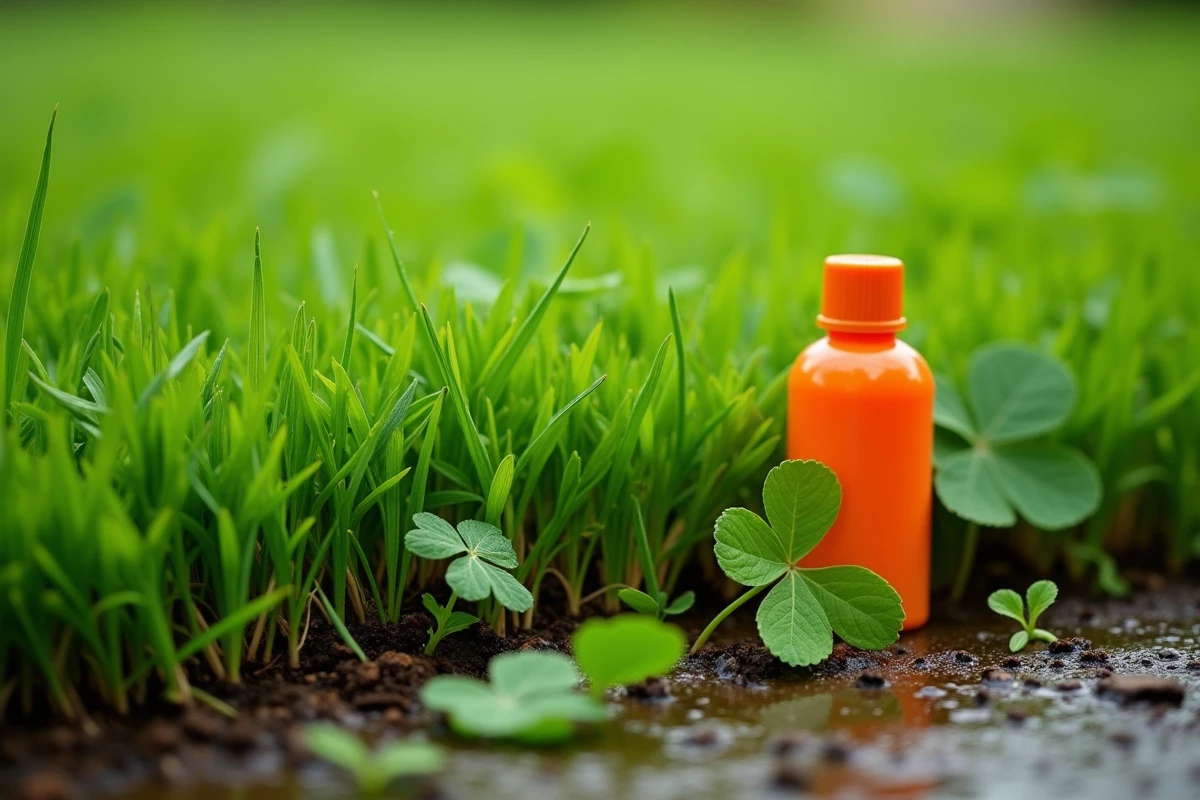 Gros plan sur des mauvaises herbes à feuilles larges dans une pelouse verte traitée avec un herbicide sélectif