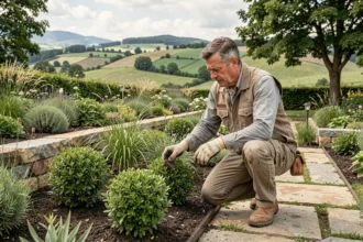 Paysagiste professionnel inspectant un jardin aménagé avec des massifs plantés et des collines verdoyantes d'Auvergne-Rhône-Alpes en arrière-plan