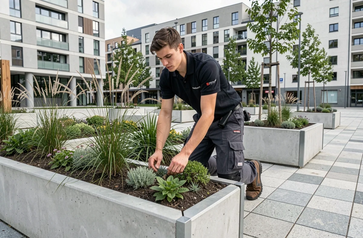Paysagiste urbain installant des végétaux dans un espace public moderne à Saint-Étienne avec architecture contemporaine en arrière-plan
