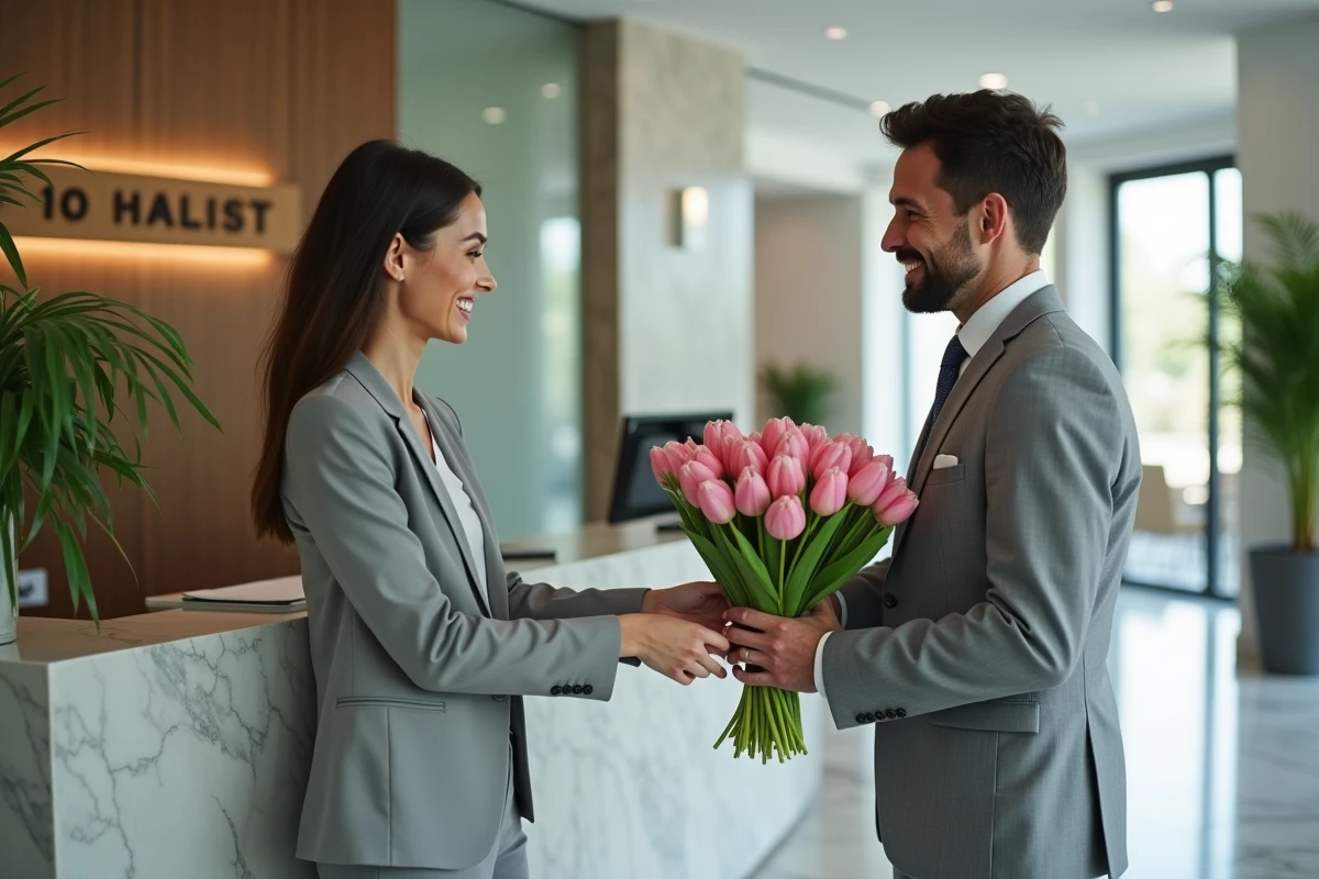 Homme en costume gris offrant un bouquet de tulipes roses à une collègue souriante dans le hall d'une entreprise