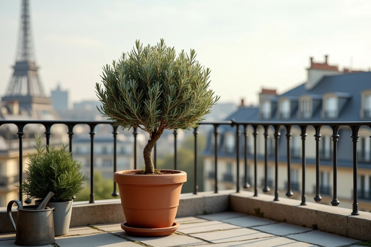 Olivier en nuage en pot sur un balcon parisien avec rambarde en fer forgé et vue sur toits de zinc