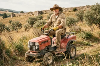 Homme à bord d'une débroussailleuse autoportée portant équipements de protection individuelle dans un champ envahi de hautes herbes