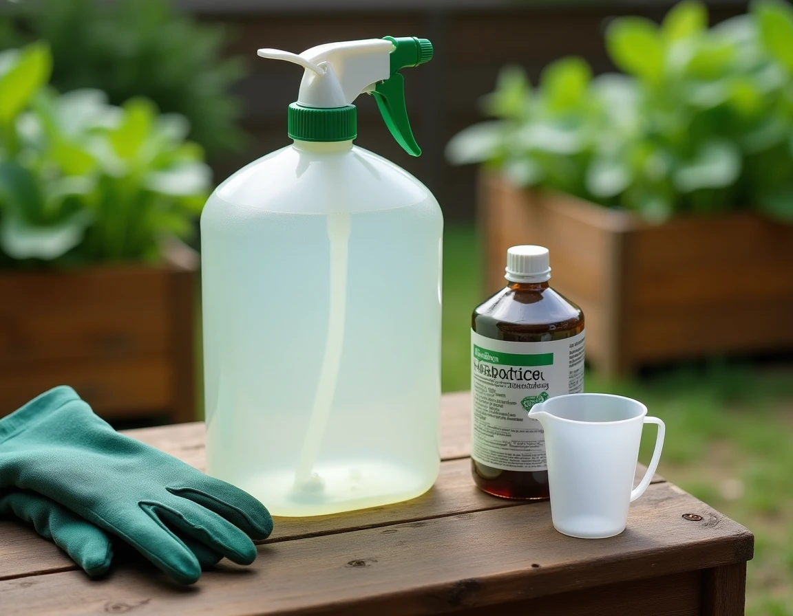 Gros plan sur les outils de dosage Roundup pour un litre d'eau posés sur une table de rempotage au jardin