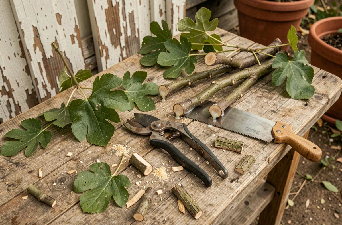 Outils d'élagage professionnels posés près de branches de figuier fraîchement coupées avec sève visible