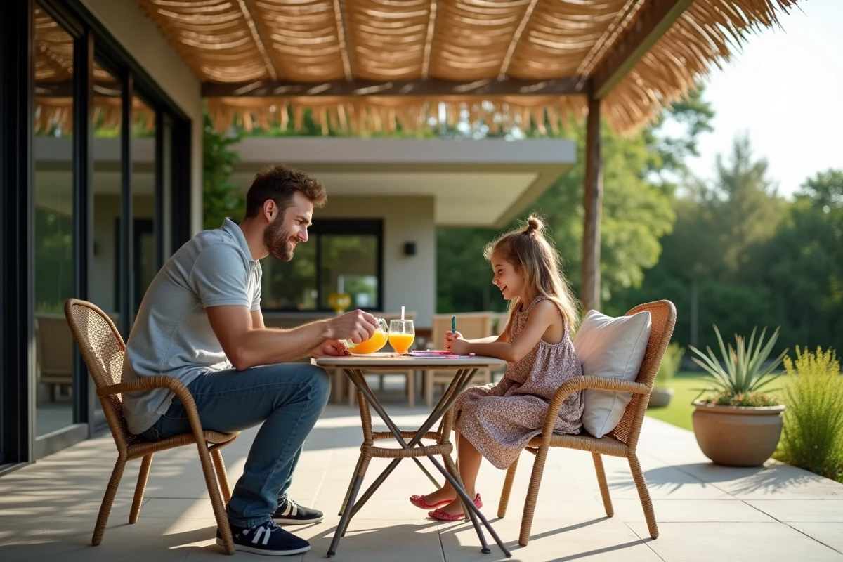 Père et fille jouant sous pergola en canisse