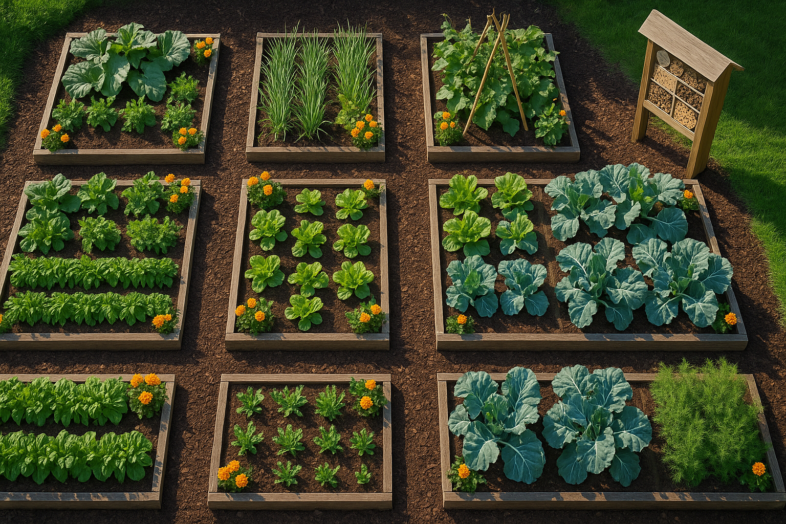 Vue aérienne de parcelles de légumes bien organisées