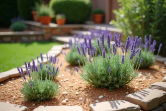 Parterre méditerranéen fleuri avec lavande, romarin et sauge dans un jardin de banlieue ensoleillé, bordé de pierres rustiques et de gravier blanc
