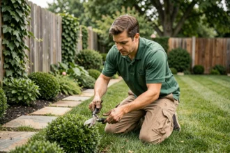 Paysagiste ouvrier en train de tailler des arbustes dans un jardin résidentiel bien entretenu