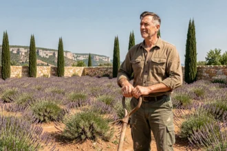 Paysagiste professionnel dans un jardin provençal typique du Vaucluse avec lavande, cyprès taillés et murs en pierre sèche