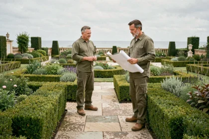 Un paysagiste professionnel en Charente-Maritime inspecte un jardin soigneusement aménagé avec haies taillées et allées en pierre