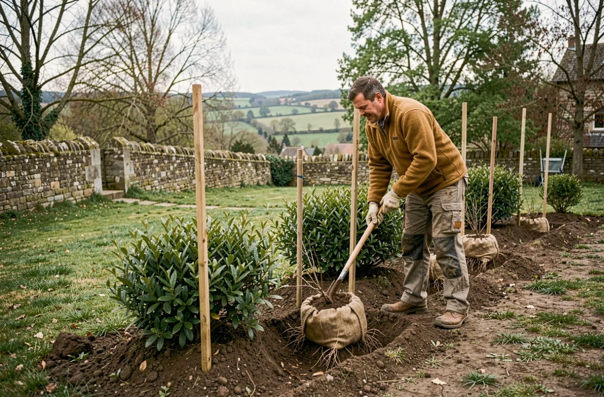 Paysagiste plantant une haie dans un jardin rural de la Loire avec un paysage de campagne en arrière-plan
