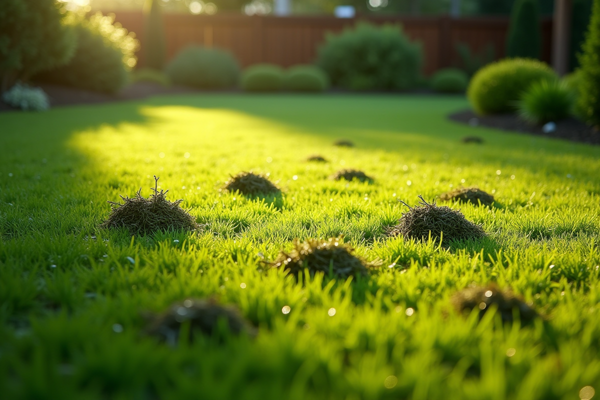 Pelouse après désherbage avec herbes en tas et rosée