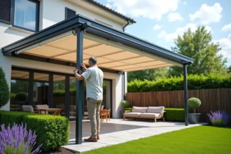 Homme inspectant les assemblages d'une pergola aluminium 5x4 installée sur une terrasse en pierre dans un jardin pavillonnaire