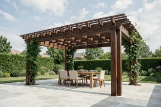 Pergola en bois design avec structure en hardwood foncé et toit à lattes géométriques sur terrasse en béton dans un jardin contemporain