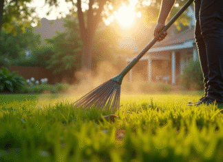 Personne tondant une pelouse verte au matin avec brume