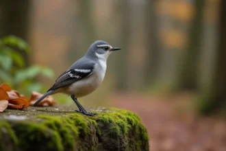 Petit oiseau gris et blanc perché sur un muret moussu en forêt, parfait pour une sortie nature avec les enfants