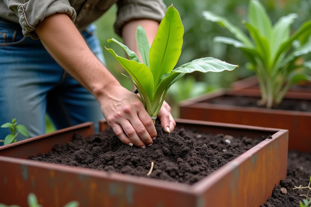 Jardinier plantant un jeune bananier dans un carré potager urbain surélevé en acier corten avec les mains dans la terre
