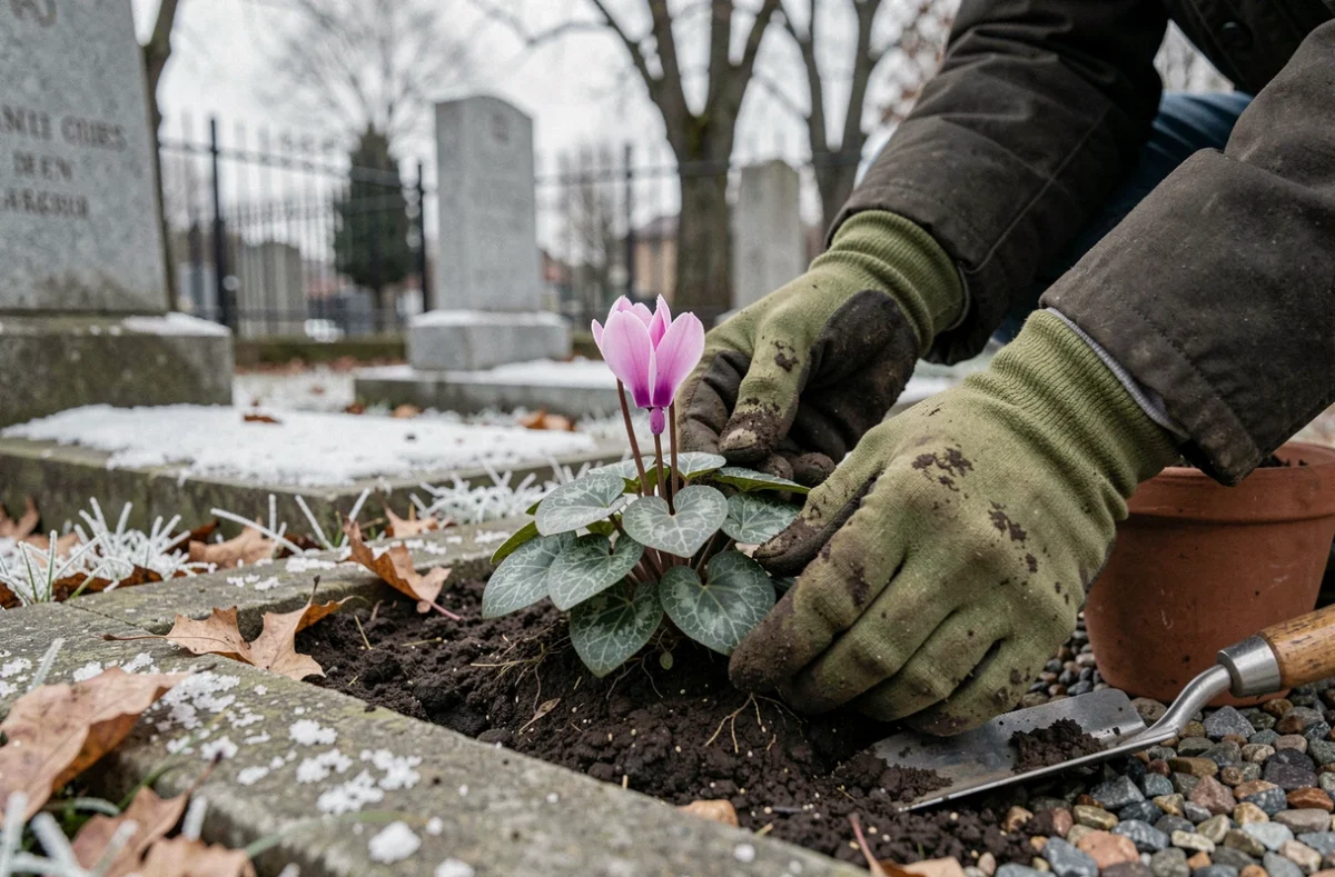 Mains gantées en train de planter un cyclamen au pied d'une stèle de cimetière en hiver