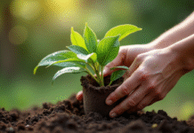 Mains de jardinier plantant une branche d'oleander dans un pot humide