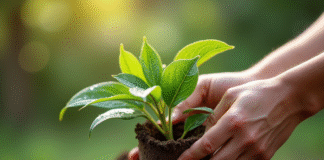 Mains de jardinier plantant une branche d'oleander dans un pot humide