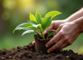 Mains de jardinier plantant une branche d'oleander dans un pot humide
