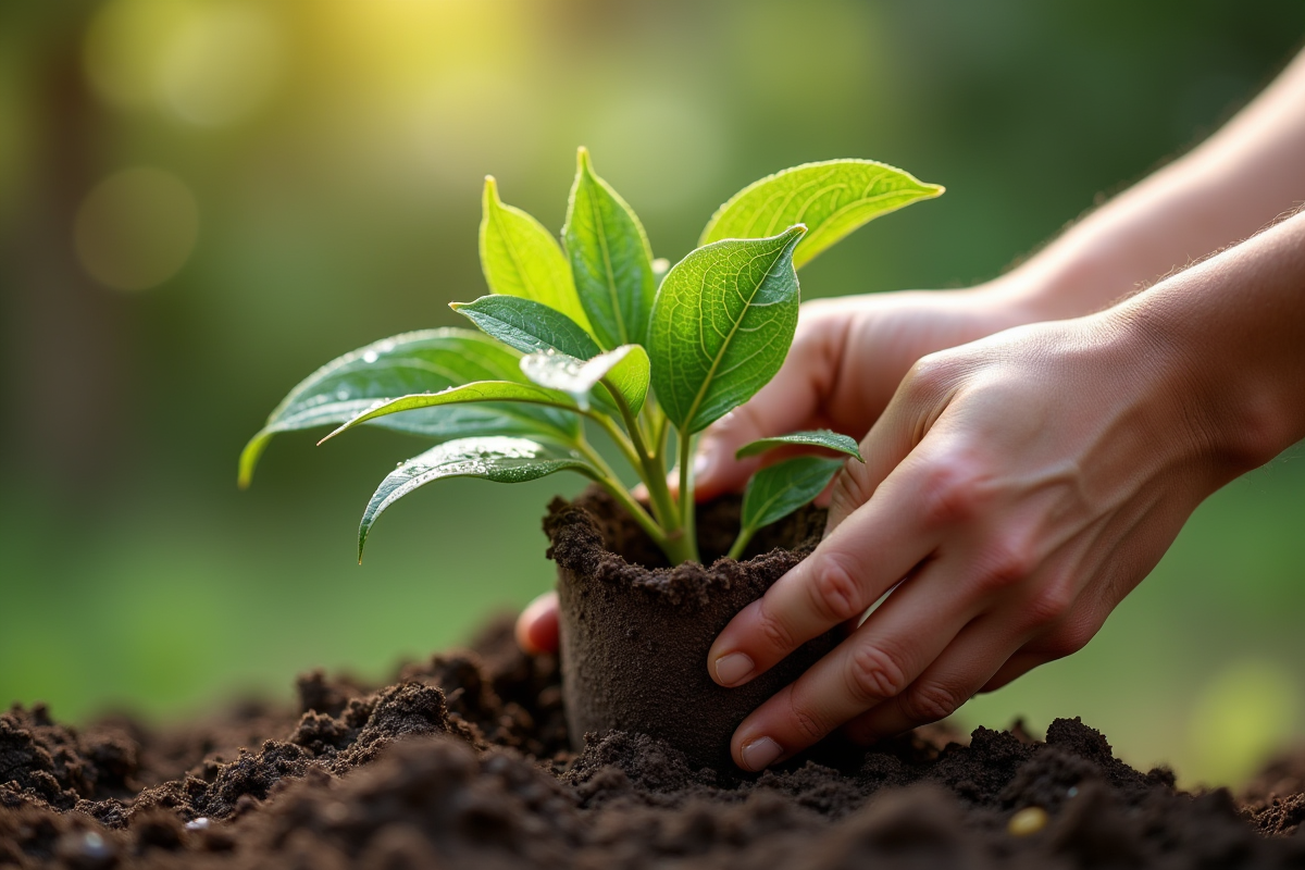 Mains de jardinier plantant une branche d'oleander dans un pot humide