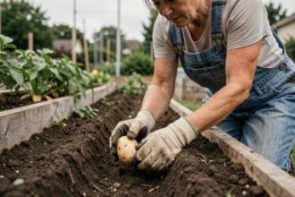 Jardinière plantant une pomme de terre columbia dans un sillon de terre au potager