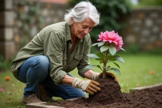 Jardinière expérimentée examinant les racines d'un rhododendron avant de le planter en pleine terre dans un jardin européen