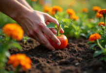 Main de jardinier plantant une jeune tomate en terre