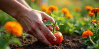 Main de jardinier plantant une jeune tomate en terre