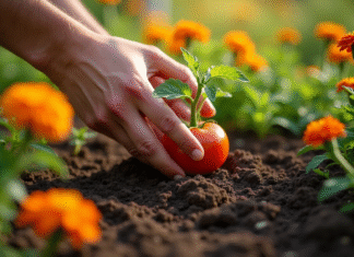 Plante facile à faire pousser : laquelle choisir pour votre jardin ? Main de jardinier plantant une jeune tomate en terre