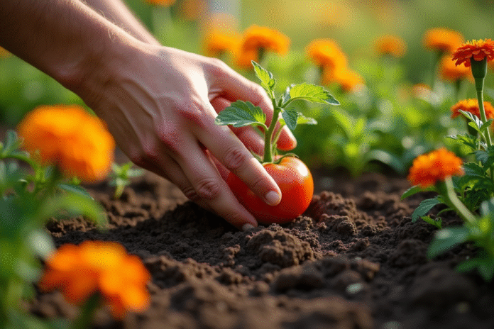 plantation-tomates-jardin Main de jardinier plantant une jeune tomate en terre