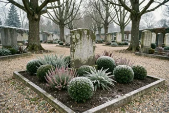 Tombe en pleine terre dans un cimetière en hiver avec des plantes persistantes comme la bruyère et le buis nain sous le givre