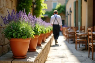 Terrasse de restaurant méditerranéen avec des pots de lavande et de basilic disposés le long d'un muret en pierre pour éloigner les mouches
