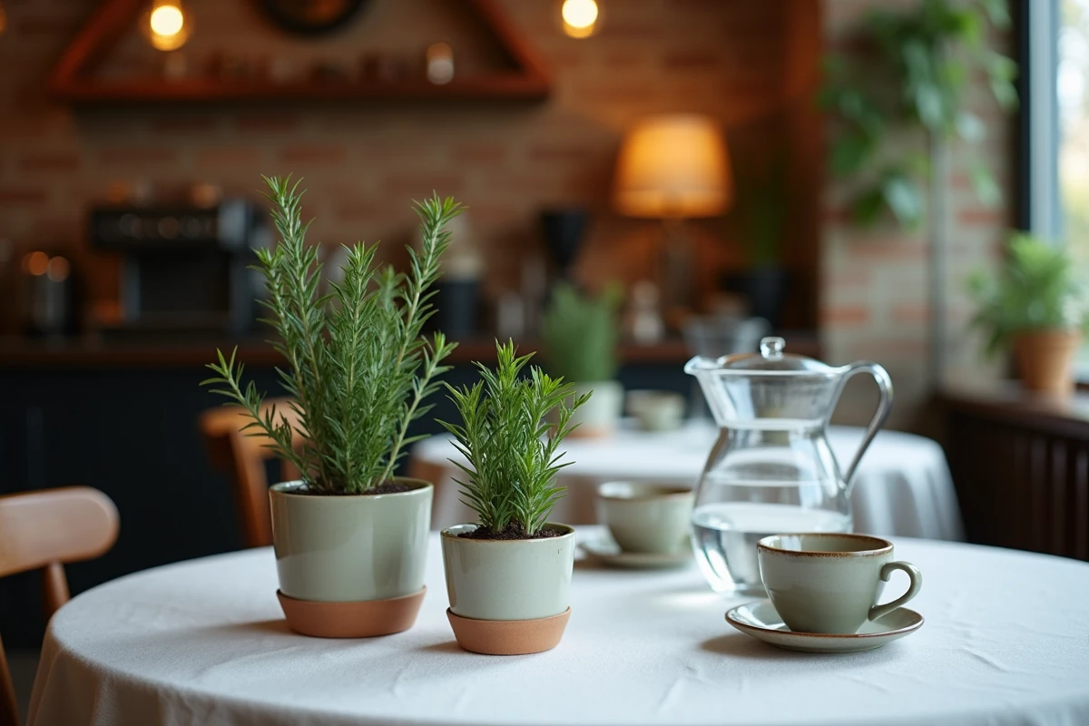 Plantes aromatiques anti-mouches en pot sur une table de café intérieur avec romarin et citronnelle