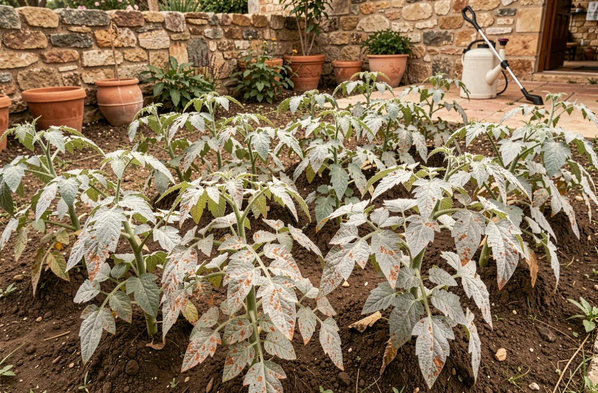 Rangées de plants de tomates avec feuillage blanchi par la bouillie bordelaise dans un potager méditerranéen