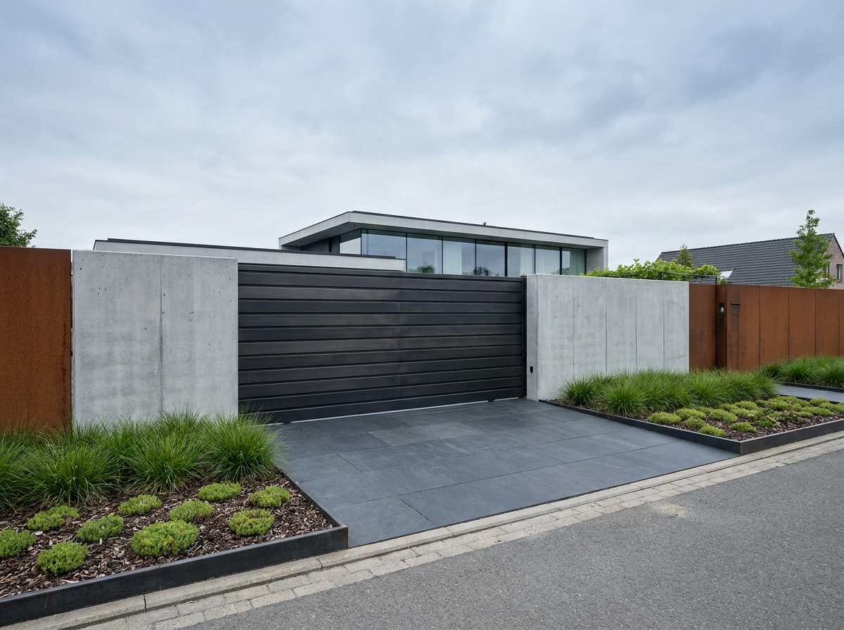 Portail coulissant en acier noir devant une maison contemporaine avec clôture en Corten et allée en dalles anthracite dans un aménagement paysager moderne