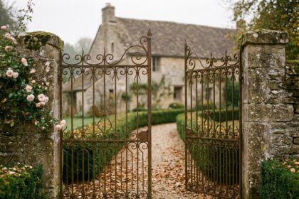 Portail en fer forgé ornemental encadré de piliers en pierre mousseuse ouvrant sur une allée de gravier dans un jardin de campagne français en automne