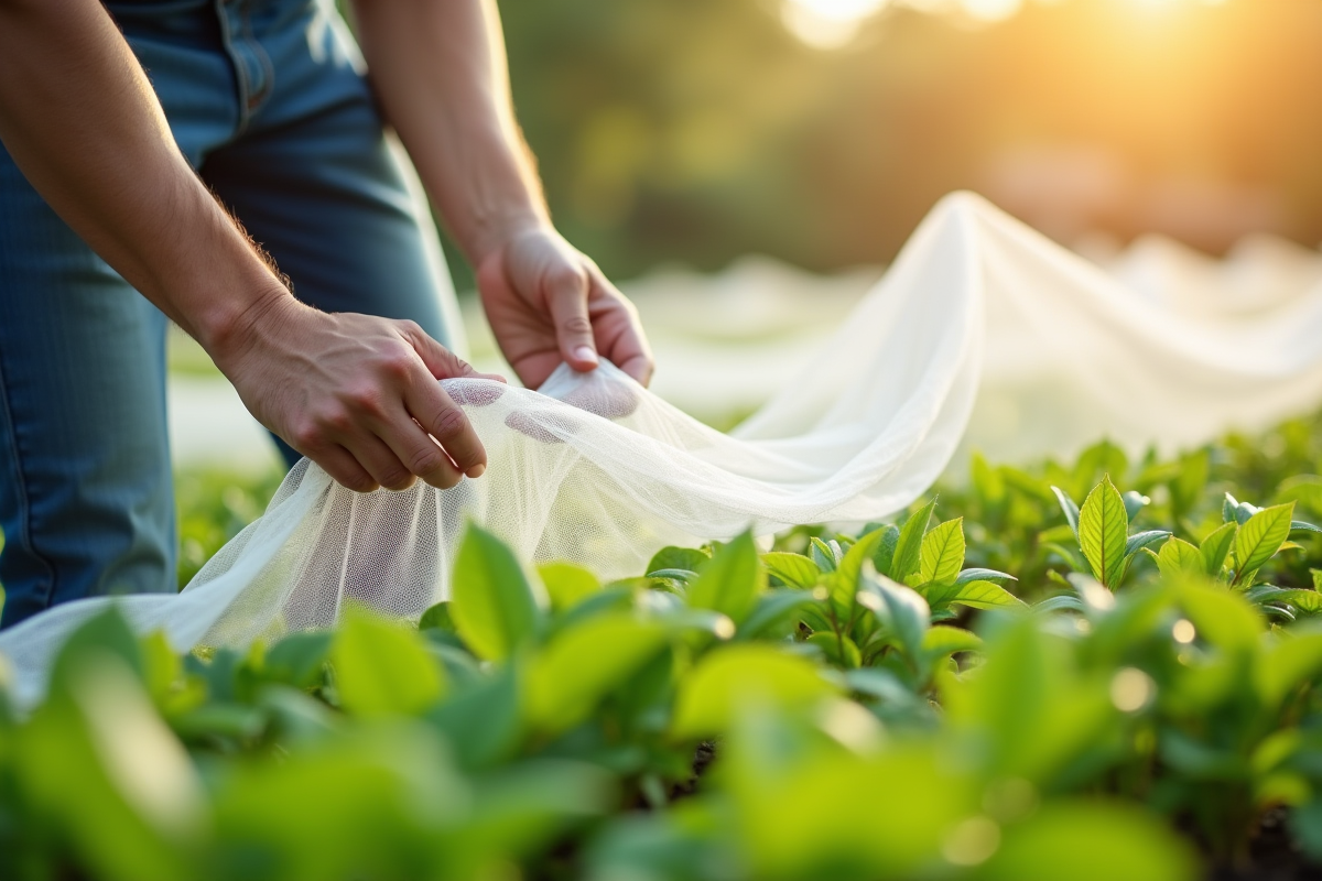 Jardinier installant un filet blanc sur des plantes en plein soleil