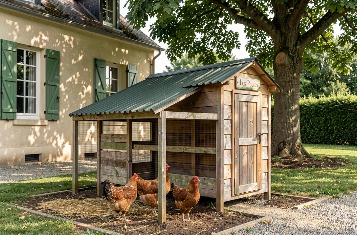 Poulailler en bois avec poules dans le jardin d'un pavillon français
