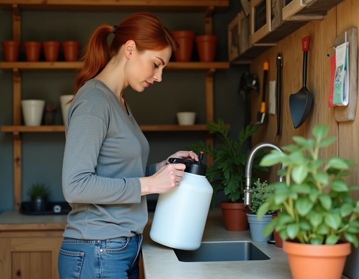 Femme remplissant un pulvérisateur d'un litre avec un mélange herbicide Roundup dans un abri de jardin