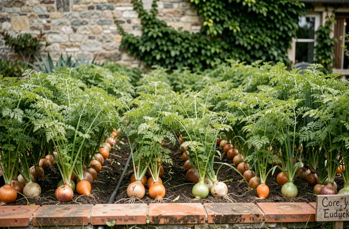 Rangées alternées de carottes et oignons dans un potager traditionnel pour optimiser la rétention d'eau