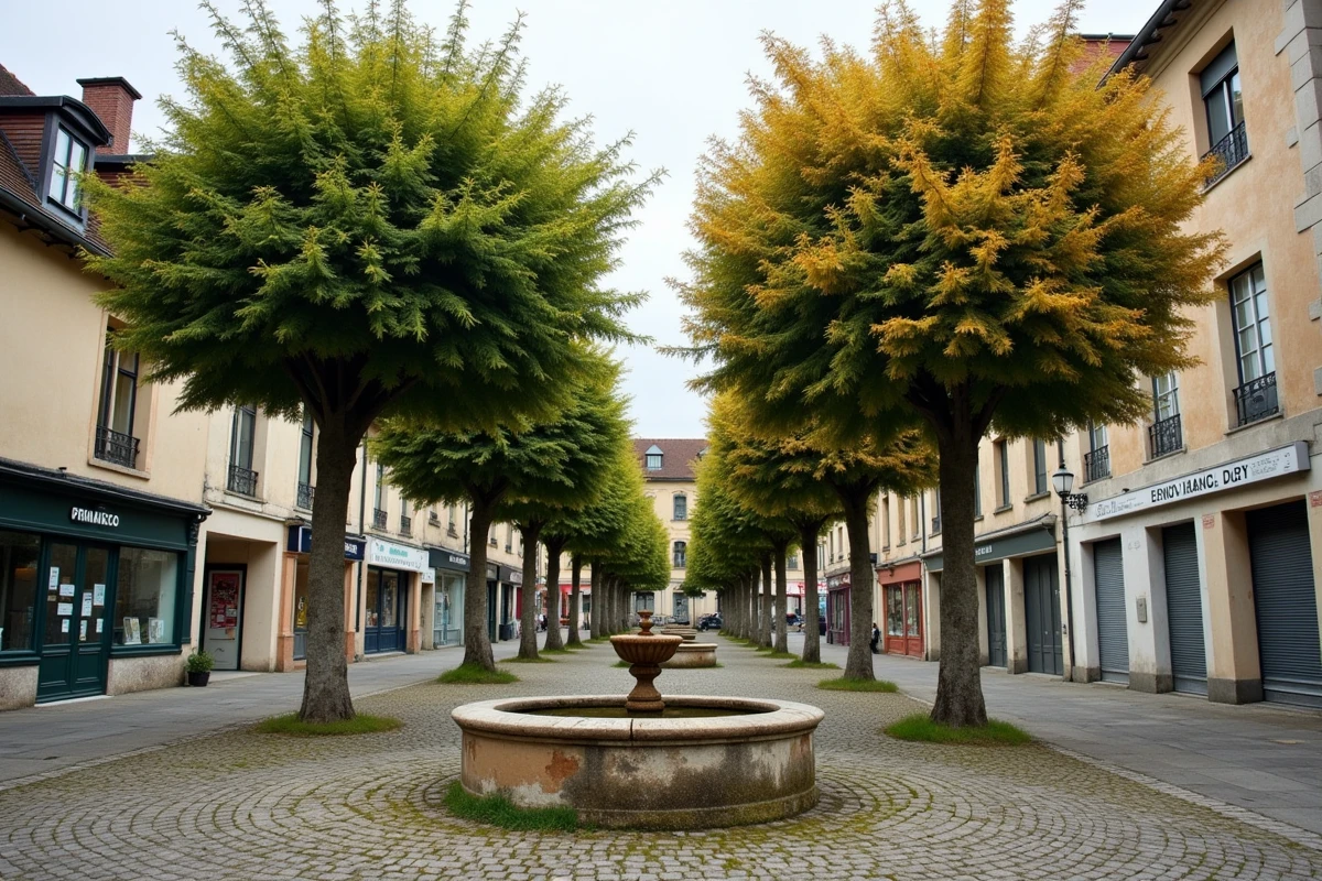 Rangée de mûriers platanes dans une place de village français avec deux arbres malades aux couronnes clairsemées et à l'écorce abîmée