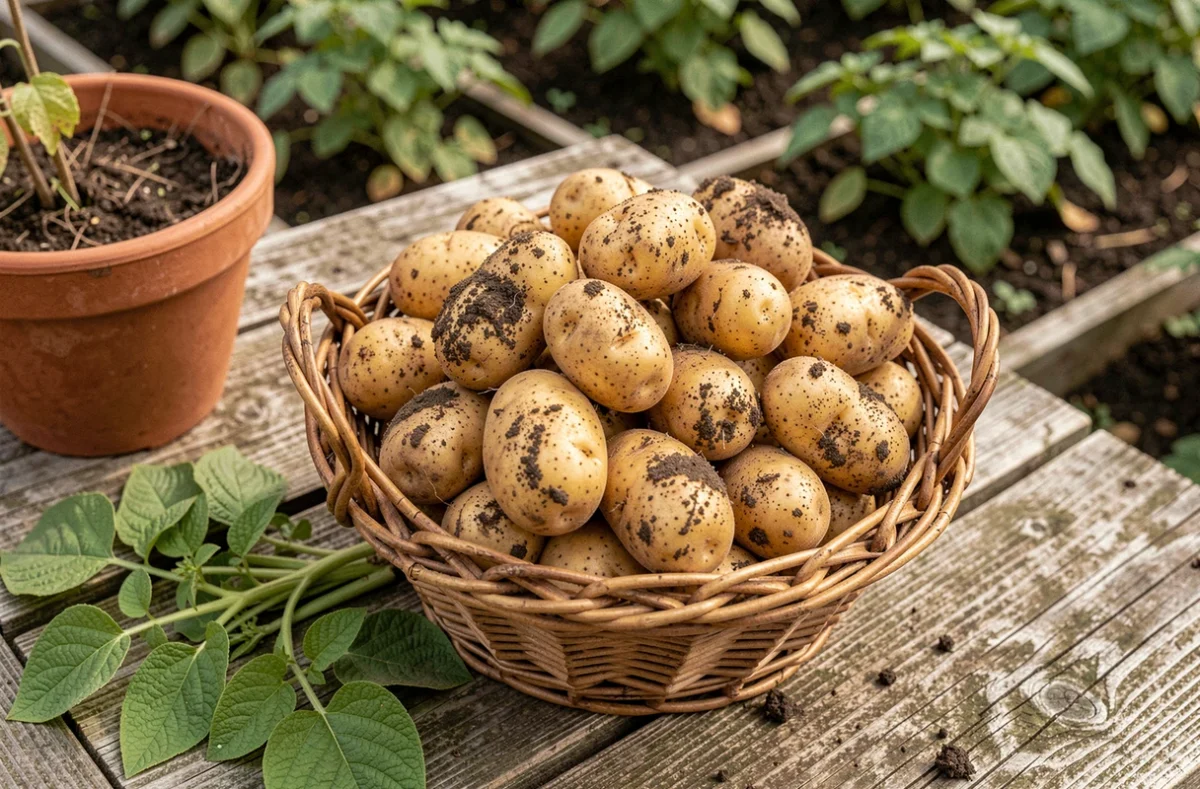 Récolte de pommes de terre columbia dans un panier en osier posé sur une table en bois au jardin