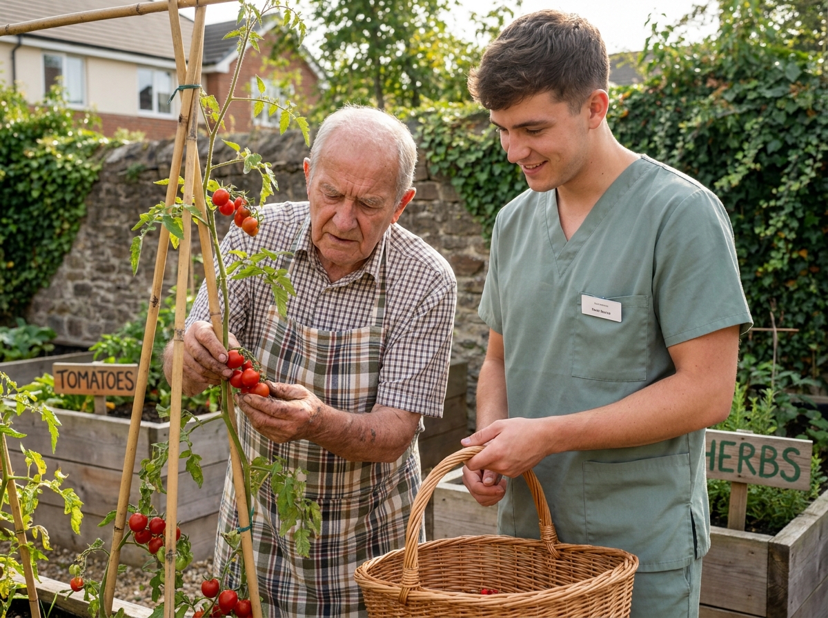 Un résident et un infirmier récoltent ensemble des tomates cerises dans le potager d'un établissement de soins
