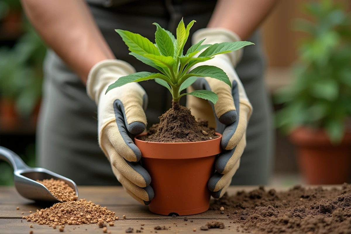Rempotage d'un jeune Chamelaucium uncinatum avec un mélange de sol drainant, mains gantées de jardinage