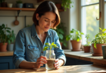 Femme plantant une jeune pousse dans un verre d'eau